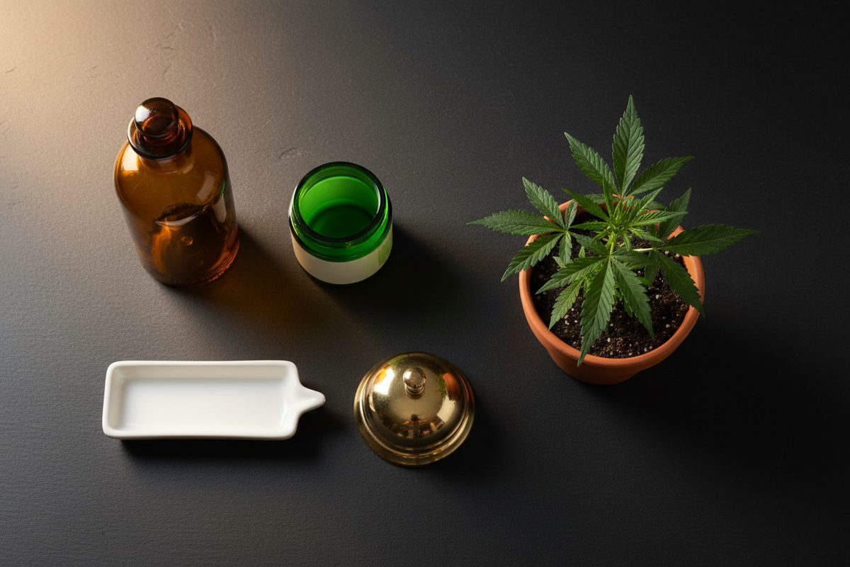 Still life of amber bottle pill tray hotel bell and cannabis leaf on slate