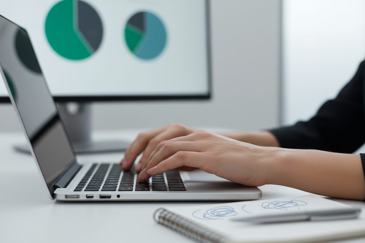Hands typing on laptop with blurred dashboard on second monitor