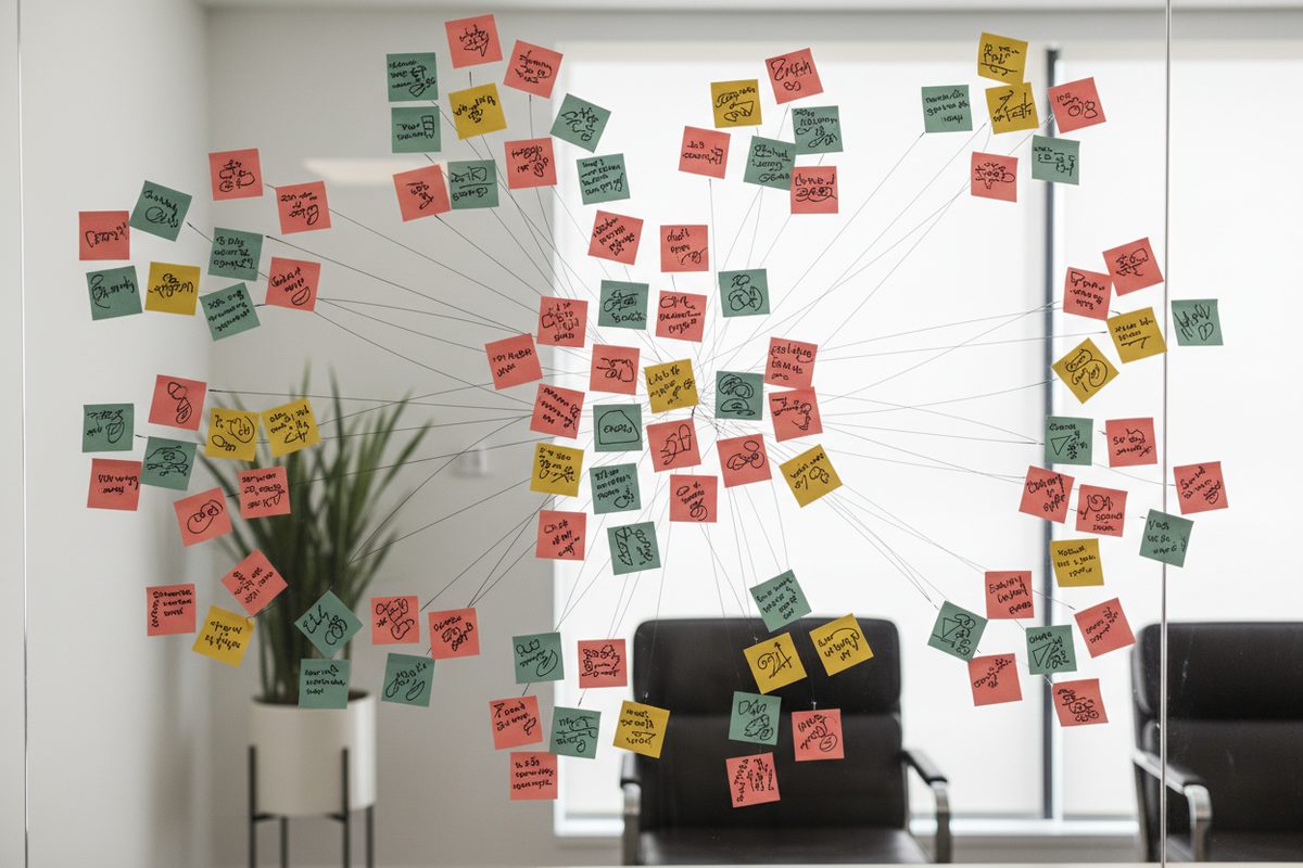 Whiteboard covered in colored sticky notes mapping cultural trends