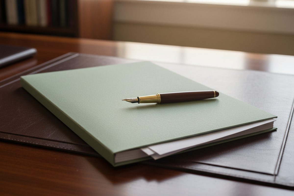 Quarterly cannabis intelligence report bound in sage cover on walnut desk