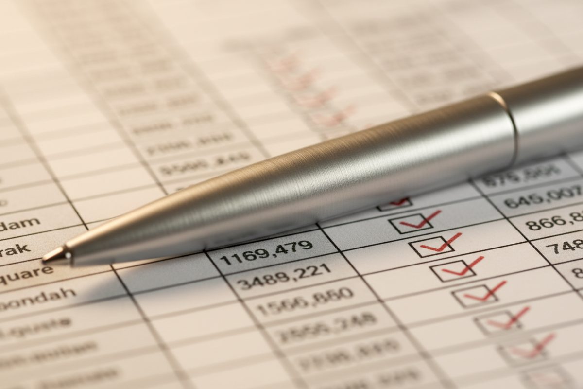 Pen resting on printed spreadsheet with blurred scoring marks