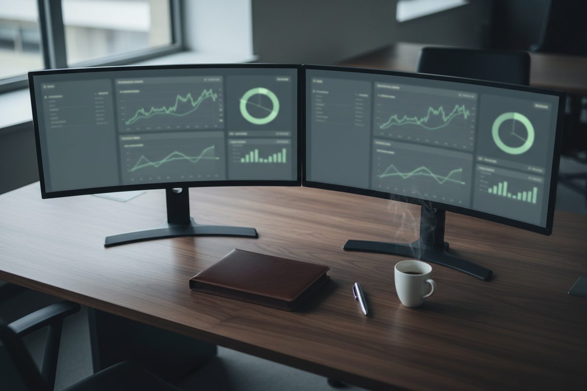 Analyst workstation with dual monitors showing blurred cannabis market dashboard