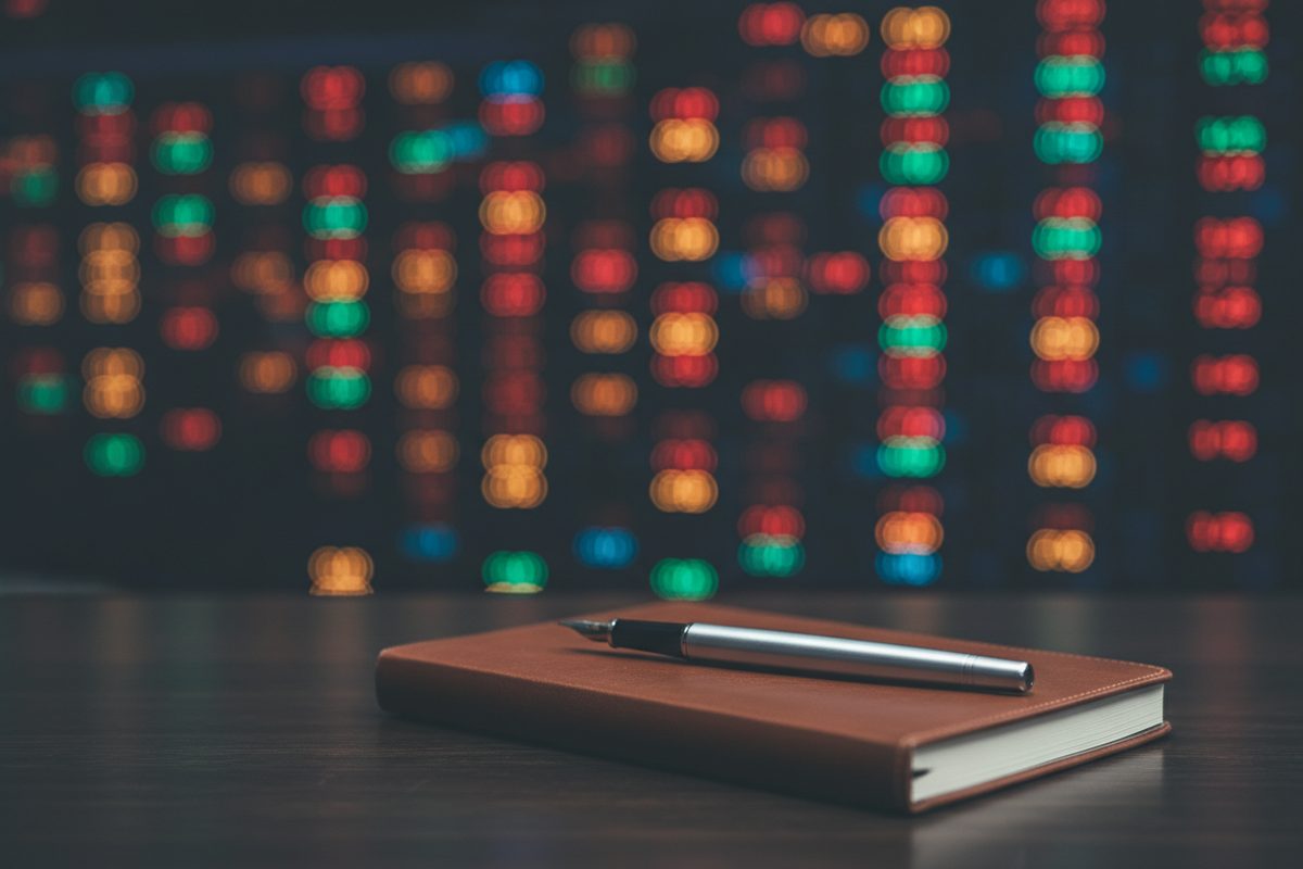 Trading floor bokeh of red and green tickers behind notebook and pen