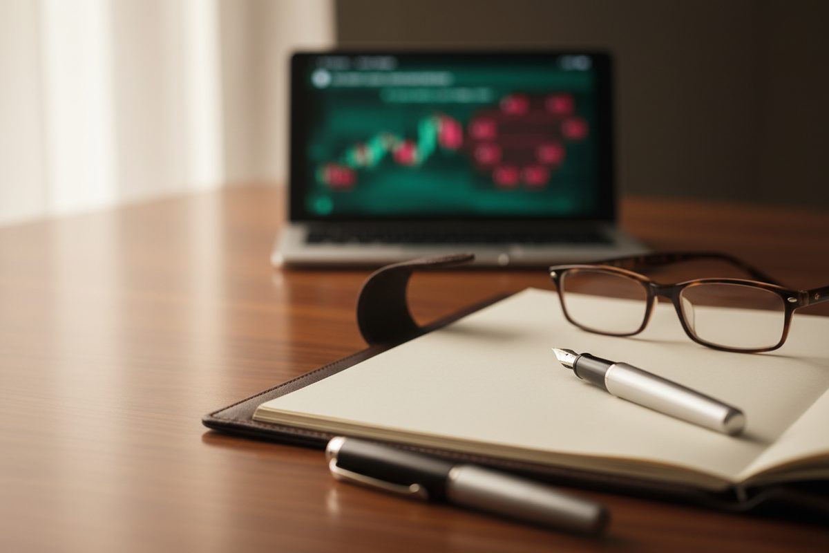 Leather portfolio and pen on desk with blurred ticker bokeh in background