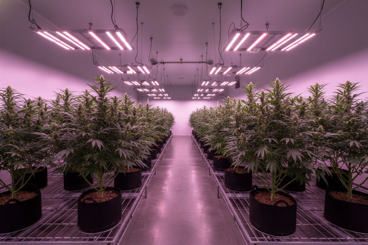 Rows of cannabis plants under LED lights in cultivation facility with no people