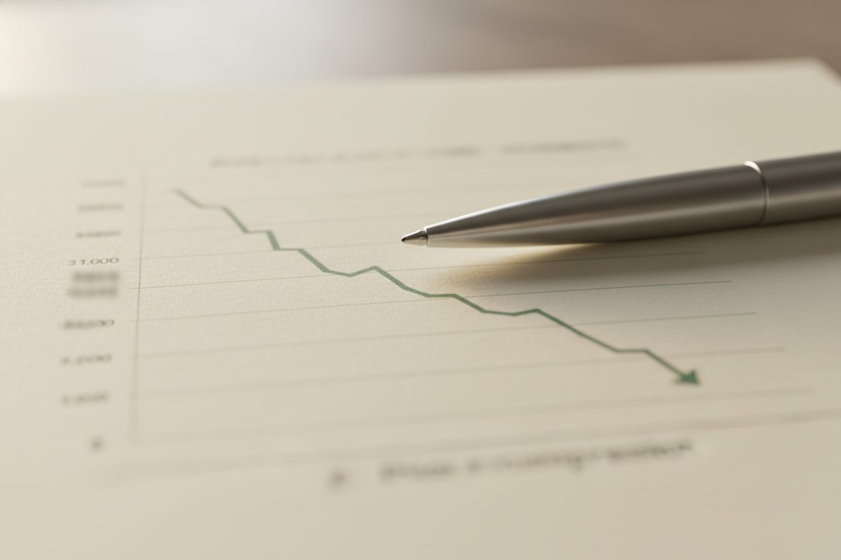 Printed line chart showing descending pricing curve with pen resting across