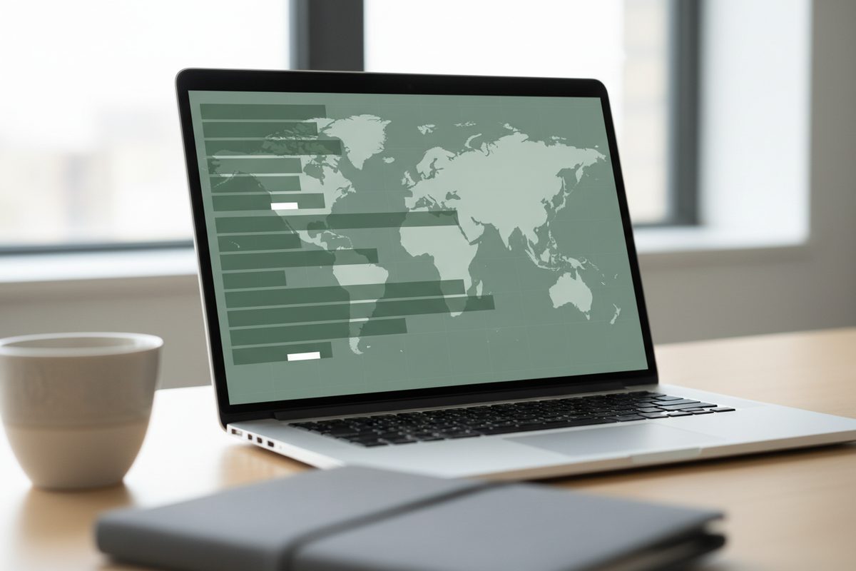 Laptop showing blurred state-by-state cannabis market sizing dashboard