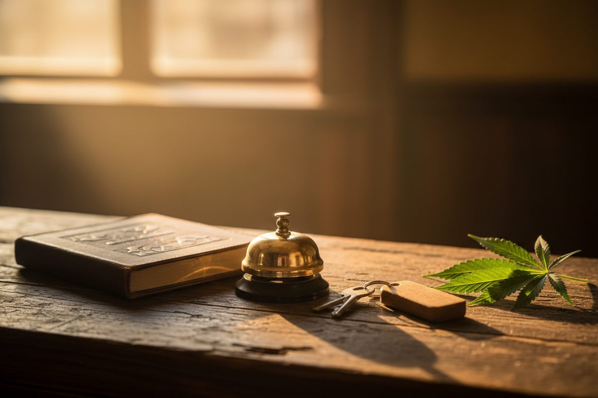 Hotel check-in counter with brass bell guestbook keys and cannabis leaf