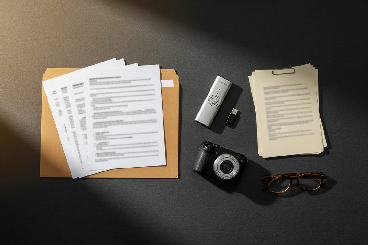 Flat-lay of research source artifacts including folder recorder and USB drive