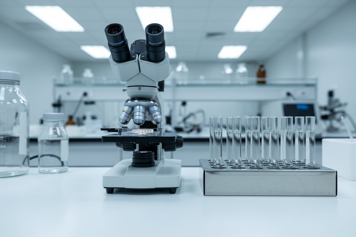 Stereo microscope and test tube rack on lab bench for quality assurance