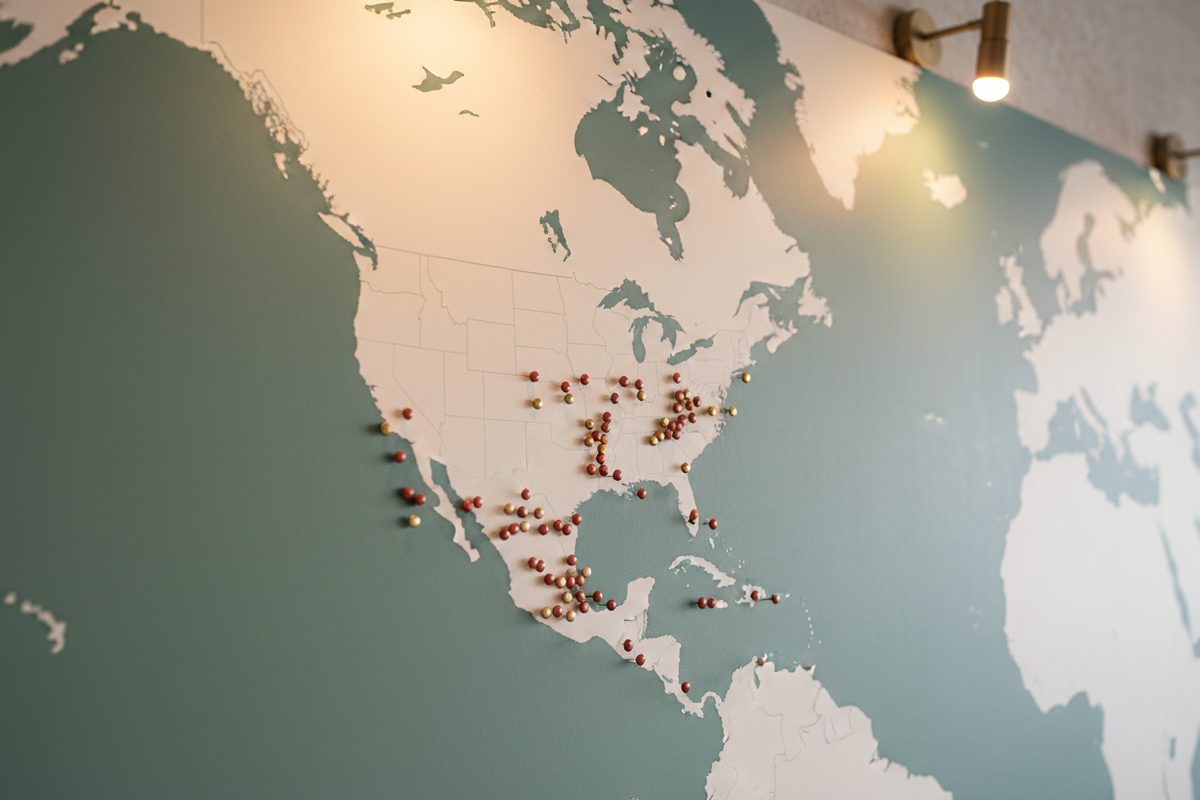 Wall map of North America with colored pushpins marking metro markets