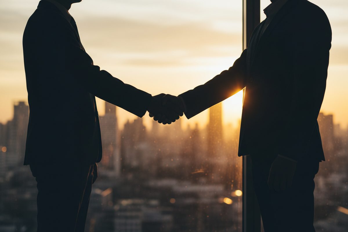 Backlit silhouette of business handshake in front of office window