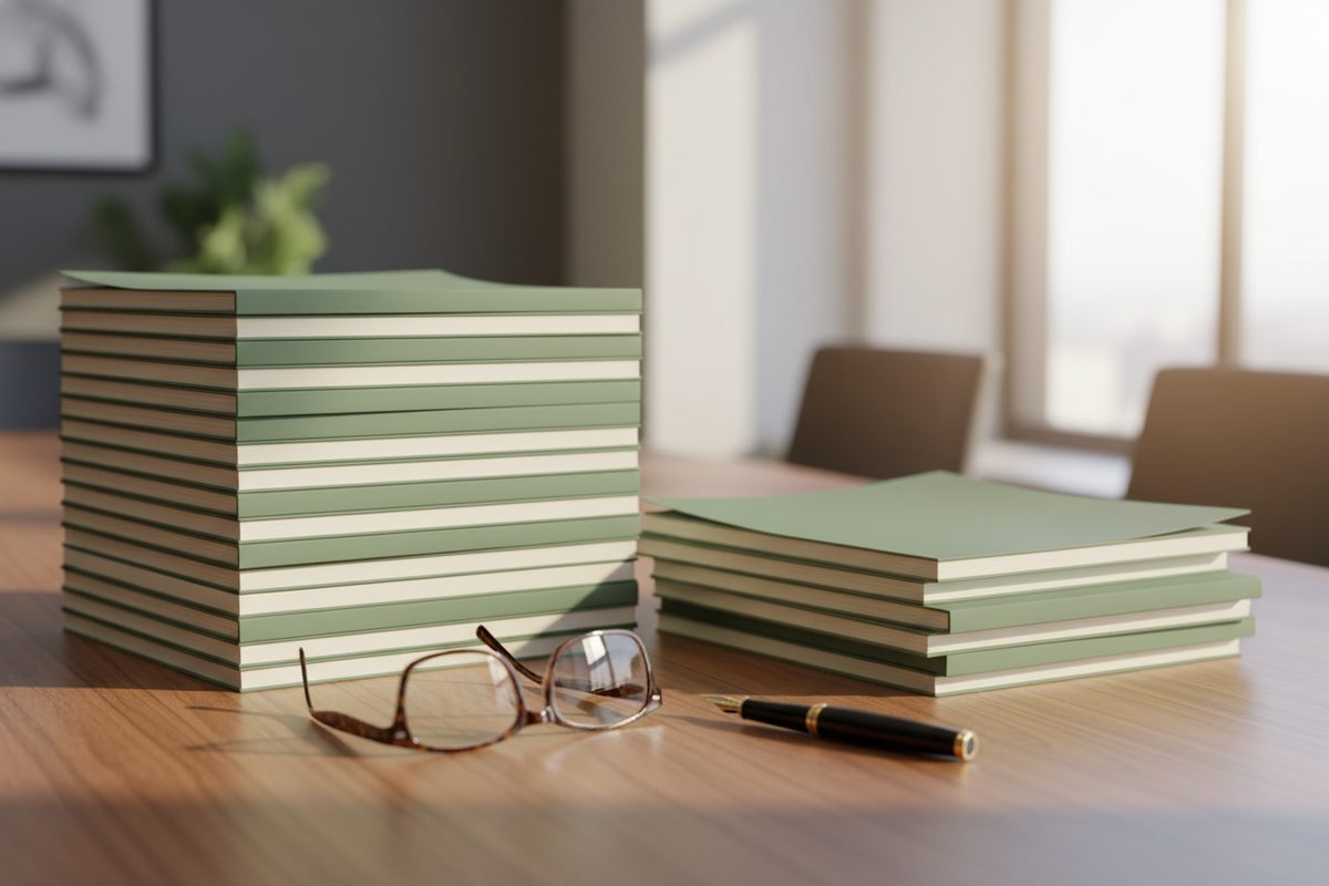 Stack of unbranded cannabis market research reports on walnut table