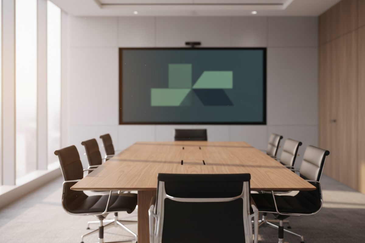 Empty executive boardroom with blurred market dashboard on wall display