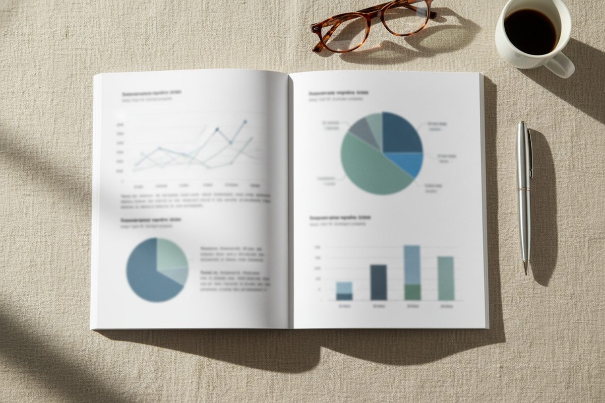 Open research report flat-lay showing blurred chart pages with glasses and pen